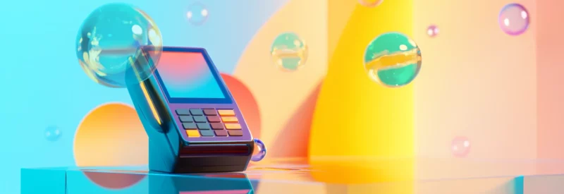 A sleek credit card reader on a reflective surface with colorful, abstract lighting and floating bubbles