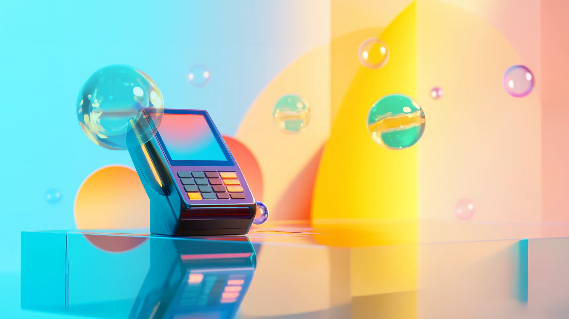 A sleek credit card reader on a reflective surface with colorful, abstract lighting and floating bubbles