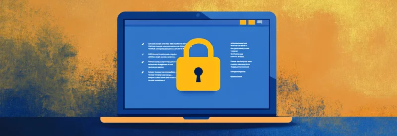 A stylized digital painting of a laptop displaying a screen with text, overlaid by a large yellow padlock icon, symbolizing cybersecurity or restricted access.