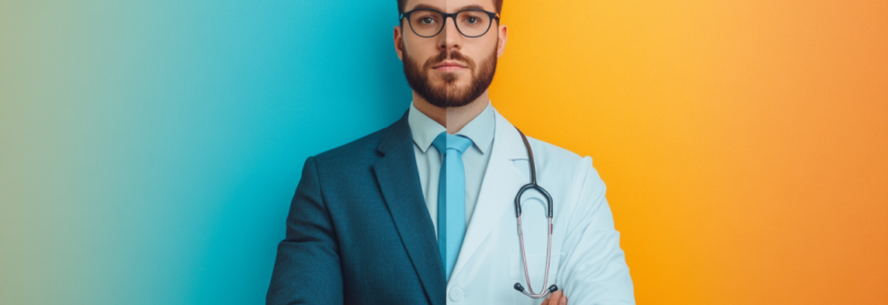 split screen showing pllc vs llc. a professional accountant in suit and a healthcare provider