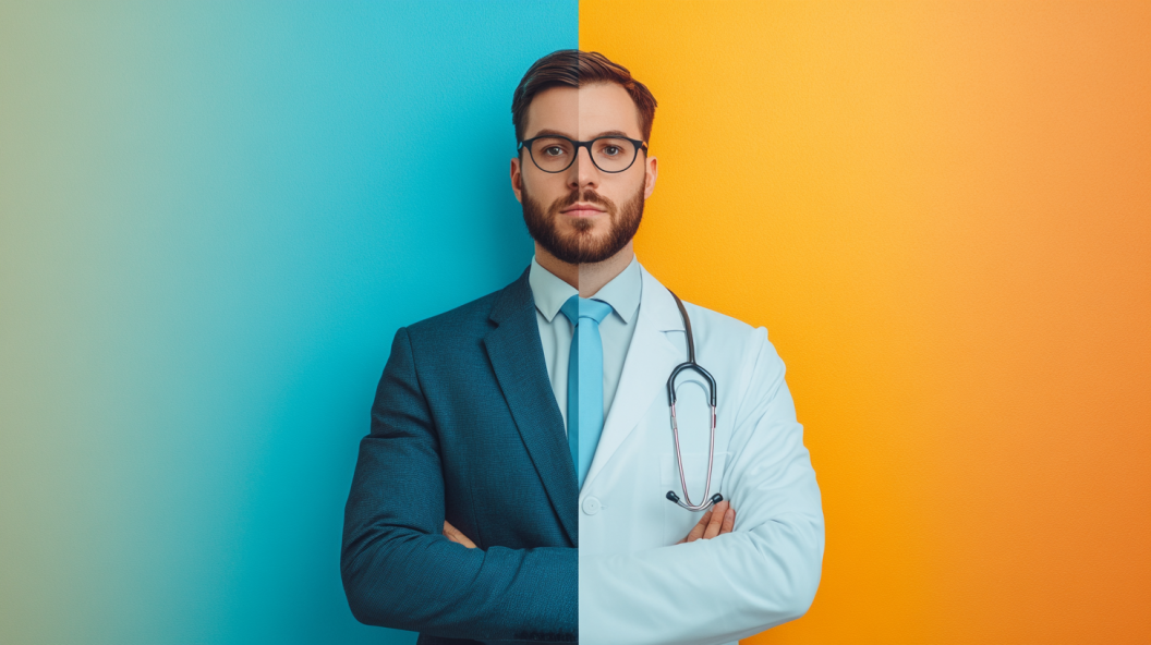 split screen showing pllc vs llc. a professional accountant in suit and a healthcare provider