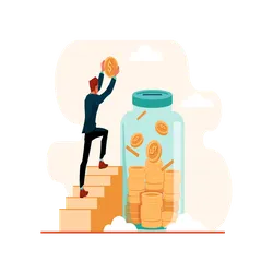 A businessman climbing up the steps to put money in a giant jar to pay his ISA fee.