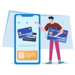 A merchant holding a giant credit card in front of a giant mobile phone, who is about to pay his Stripe fees on a payment app.