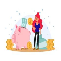 Woman with a piggy bank counts her money. 