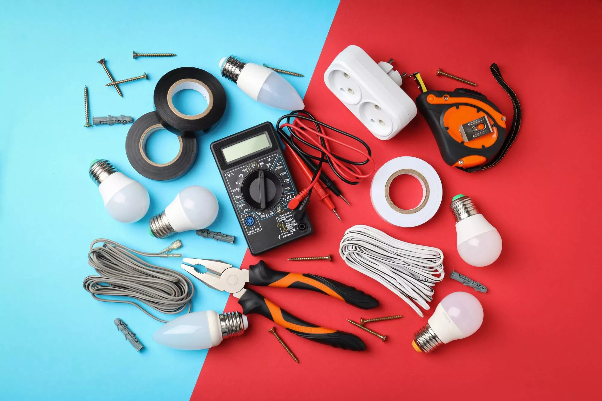 how to start an electrical business with electrical tools and lightbulbs against an aqua and red background