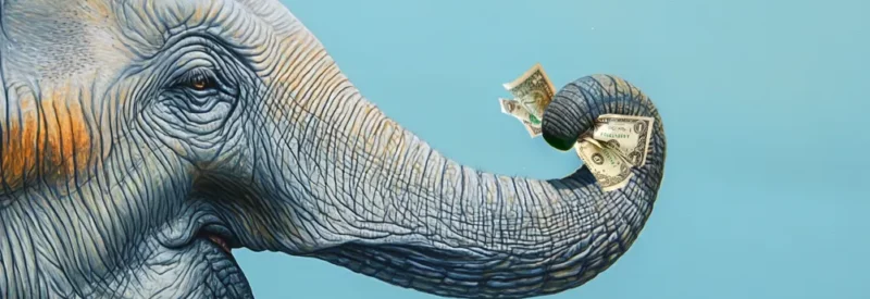 An elephant holding dollar bills with its trunk against a light blue background.