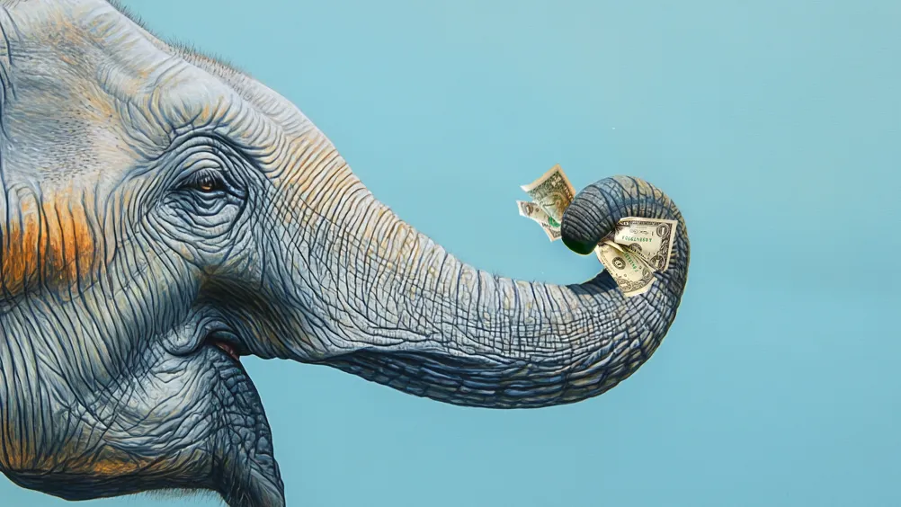 An elephant holding dollar bills with its trunk against a light blue background.