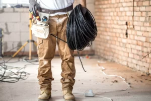 electrician wearing toolbelt and holding a cable who is thinking of starting an electrician business