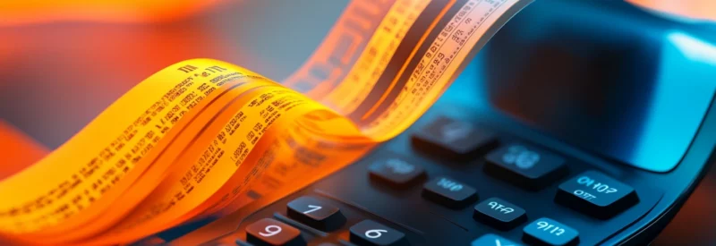 A close-up of a calculator with an illuminated receipt ribbon