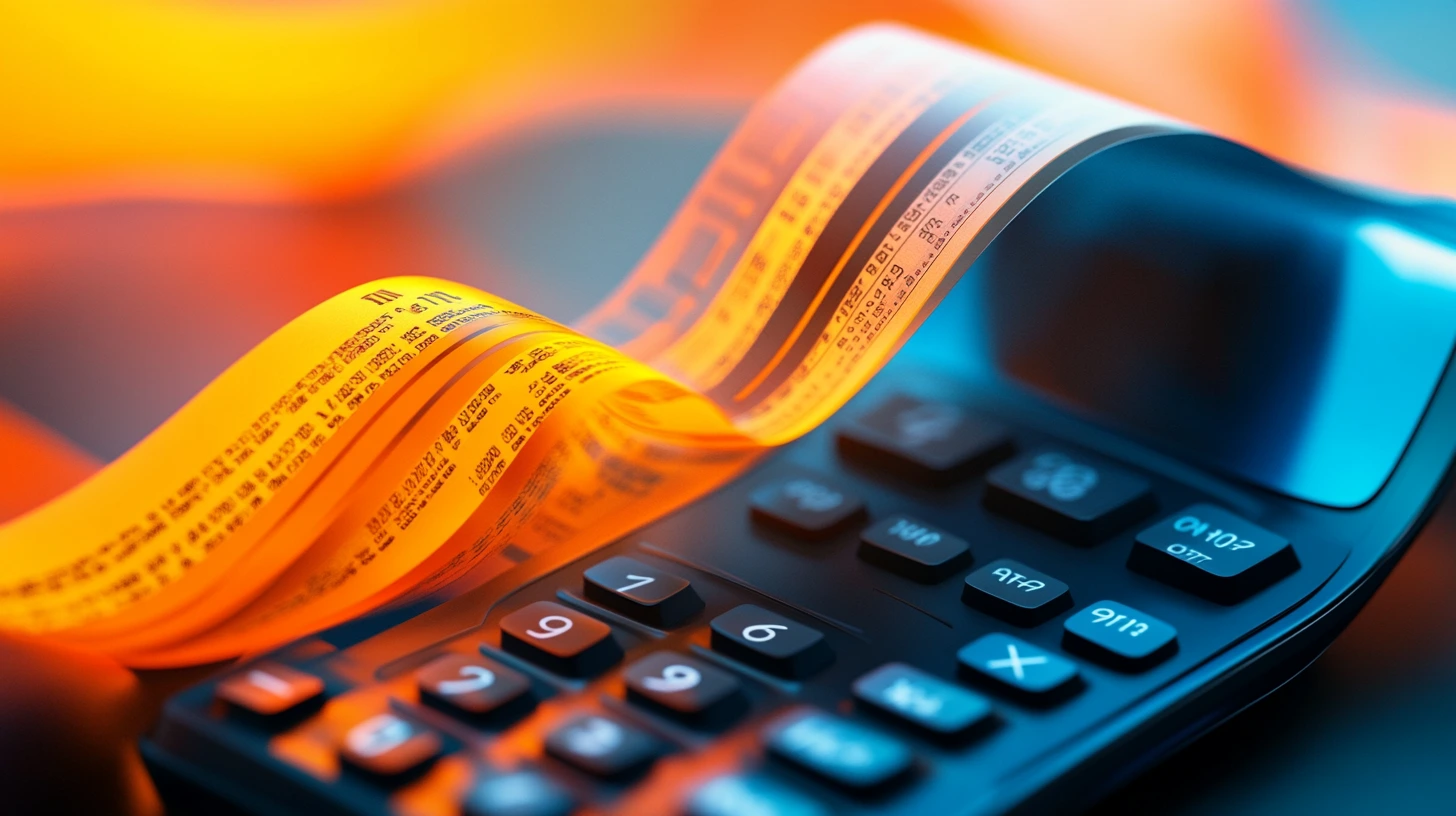 A close-up of a calculator with an illuminated receipt ribbon