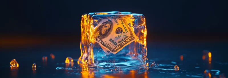 A $100 bill frozen inside an ice cube with glowing orange highlights