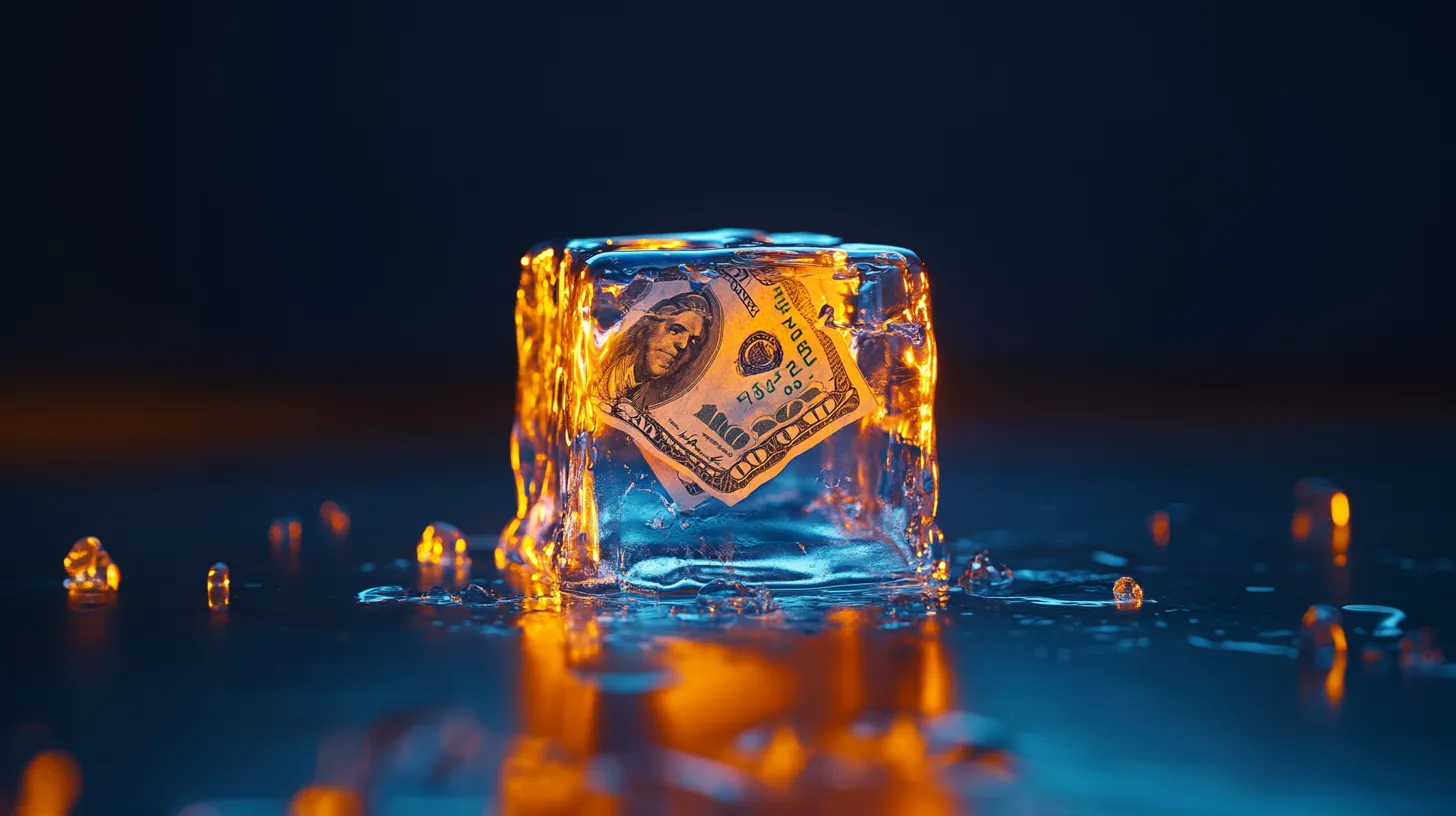 A $100 bill frozen inside an ice cube with glowing orange highlights