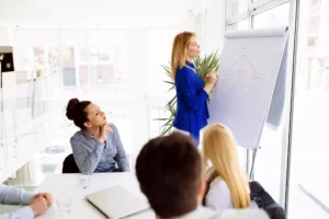 a CEO using a large flip chart to show a business plan outline to the employees in the conference room 