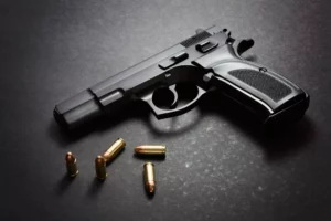 a gun and ammo rested on a desk for someone to sell guns