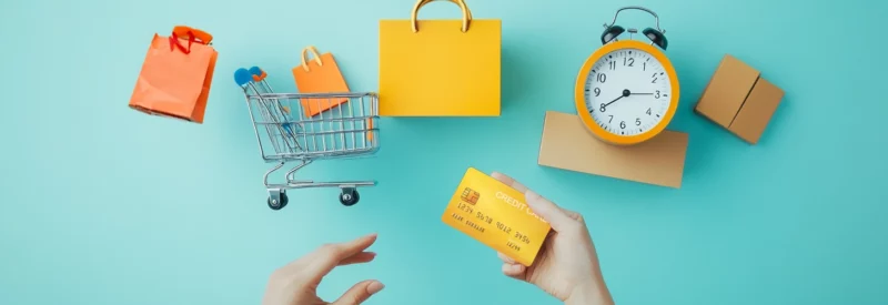 A vibrant flat lay showcasing online shopping essentials, including shopping bags, a mini shopping cart, a clock, and a credit card held by two hands on a bright blue background.