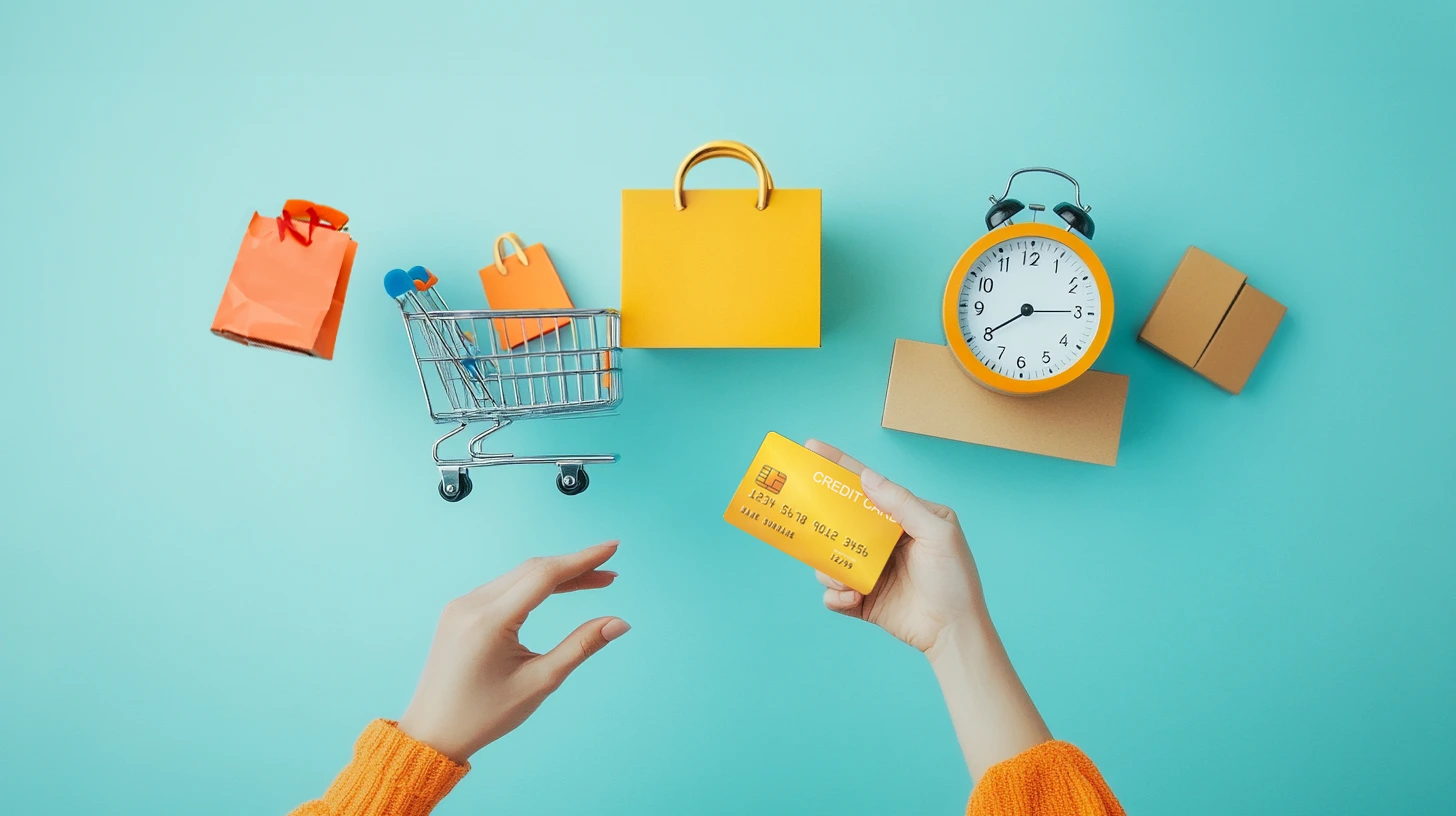 A vibrant flat lay showcasing online shopping essentials, including shopping bags, a mini shopping cart, a clock, and a credit card held by two hands on a bright blue background.