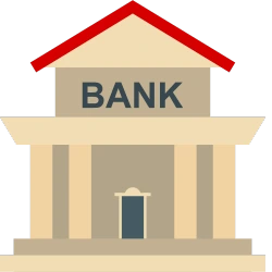 A tan bank with a red roof. 