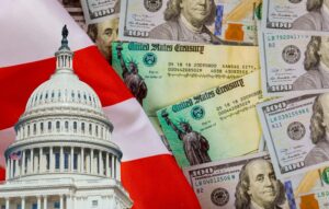 capitol building, flag, a government funds representing the event of ACH return code R40