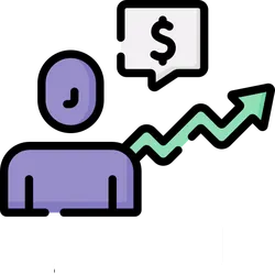 Merchant next to a dollar sign and an arrow going up in steps as part of a tiered structure.