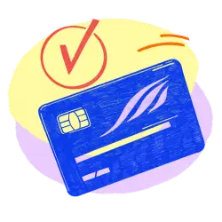 A credit card with a checkmark above it, getting a credit card account updater.