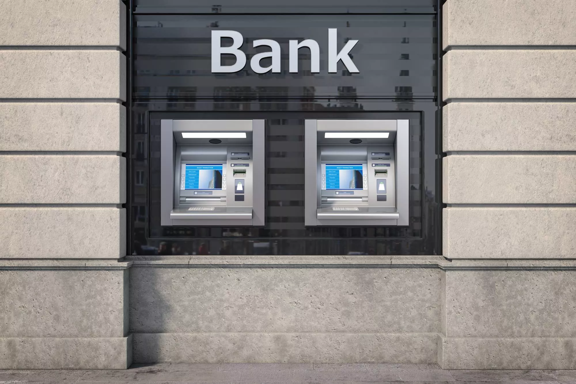 brick-and-mortar bank with two ATM machines for acquiring bank vs issuing bank
