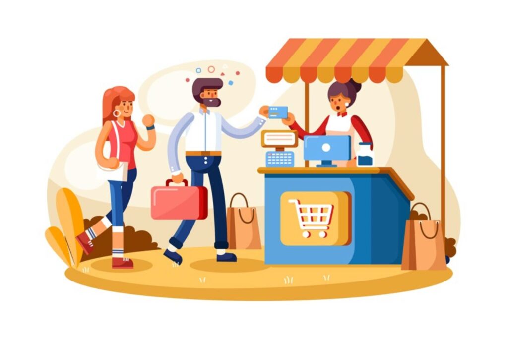 cashier at kiosk taking a credit card payment at point of sale system