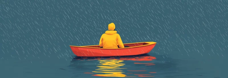 A person in a yellow raincoat sitting in a small red boat under heavy rain