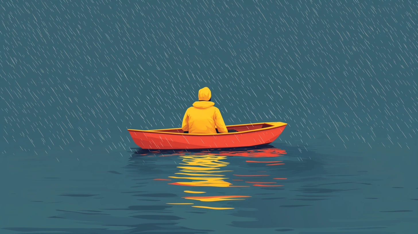 A person in a yellow raincoat sitting in a small red boat under heavy rain