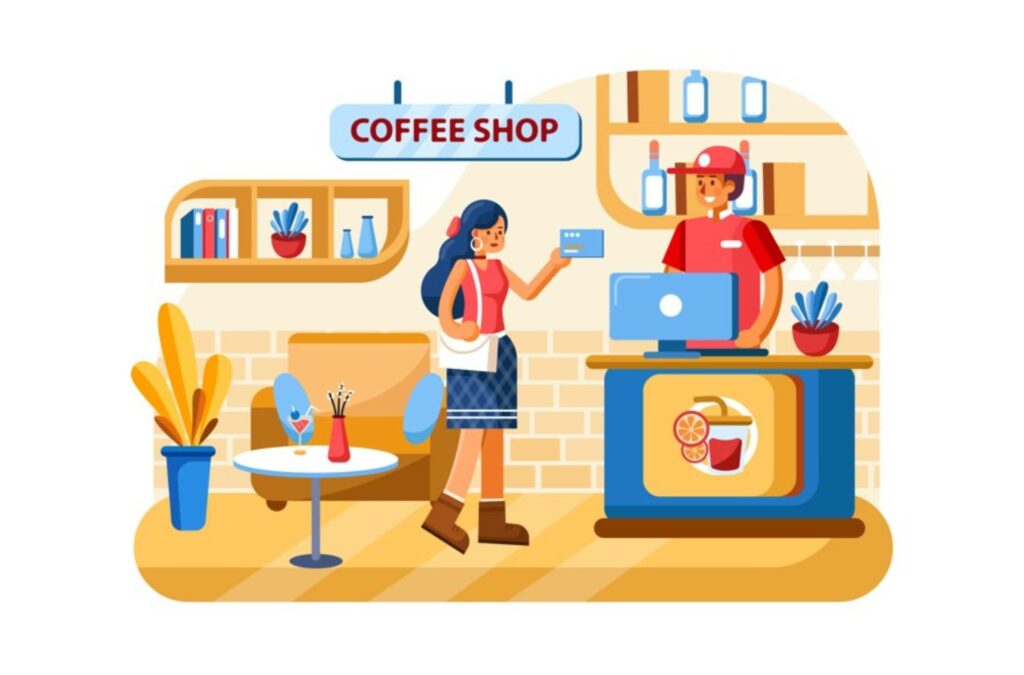 customer handing coffee shop cashier her credit card to be run through pos software