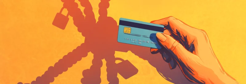 A hand holding a credit card with a chain and padlock shadow in the background