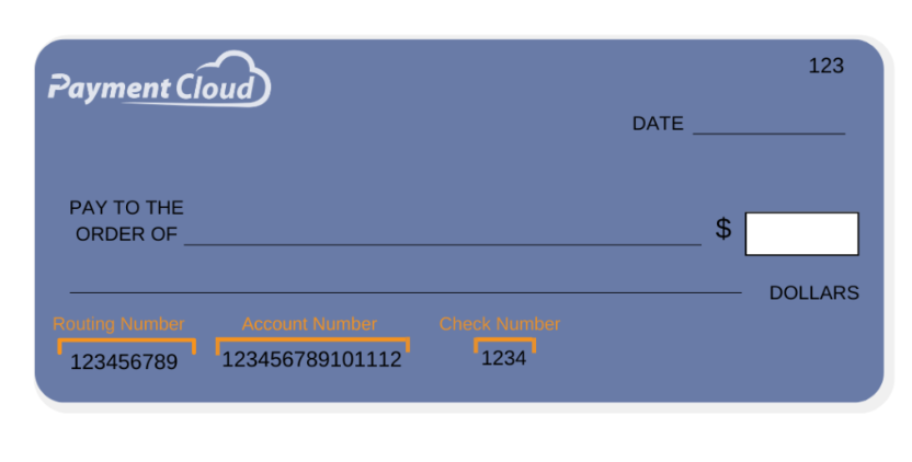 Paymentcloud example check highlighting routing number, account number, and check number