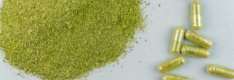 kratom powder and kratom capsules on a gray surface