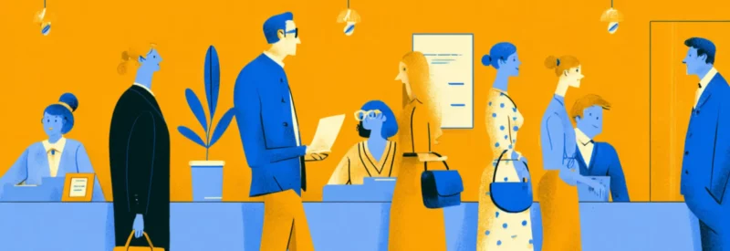 people in a bank looking to open a bank account