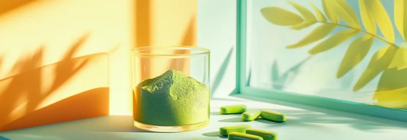 powder in glass next to green pills on a counter by a window