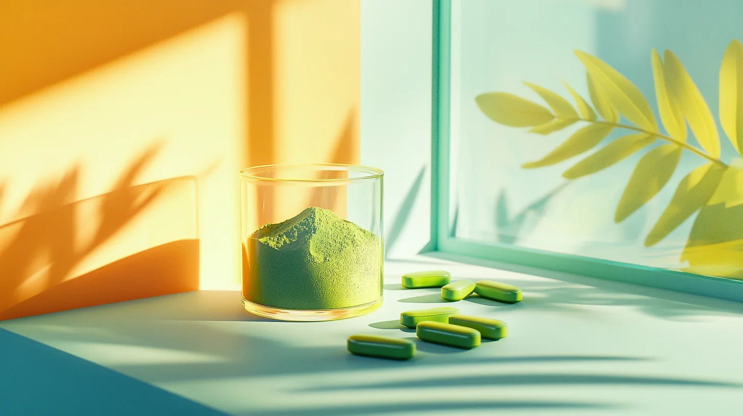 powder in glass next to green pills on a counter by a window