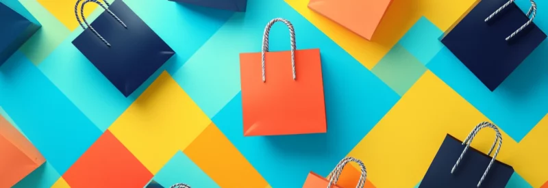 Shopping spree colorful bags on a patterned flat background