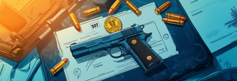 A detailed illustration of a handgun resting on an official license document, surrounded by bullets, a badge, and other paperwork, symbolizing firearm regulations and licensing.