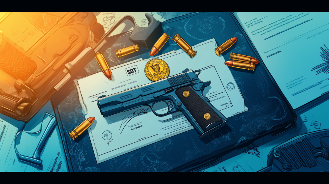 A detailed illustration of a handgun resting on an official license document, surrounded by bullets, a badge, and other paperwork, symbolizing firearm regulations and licensing.