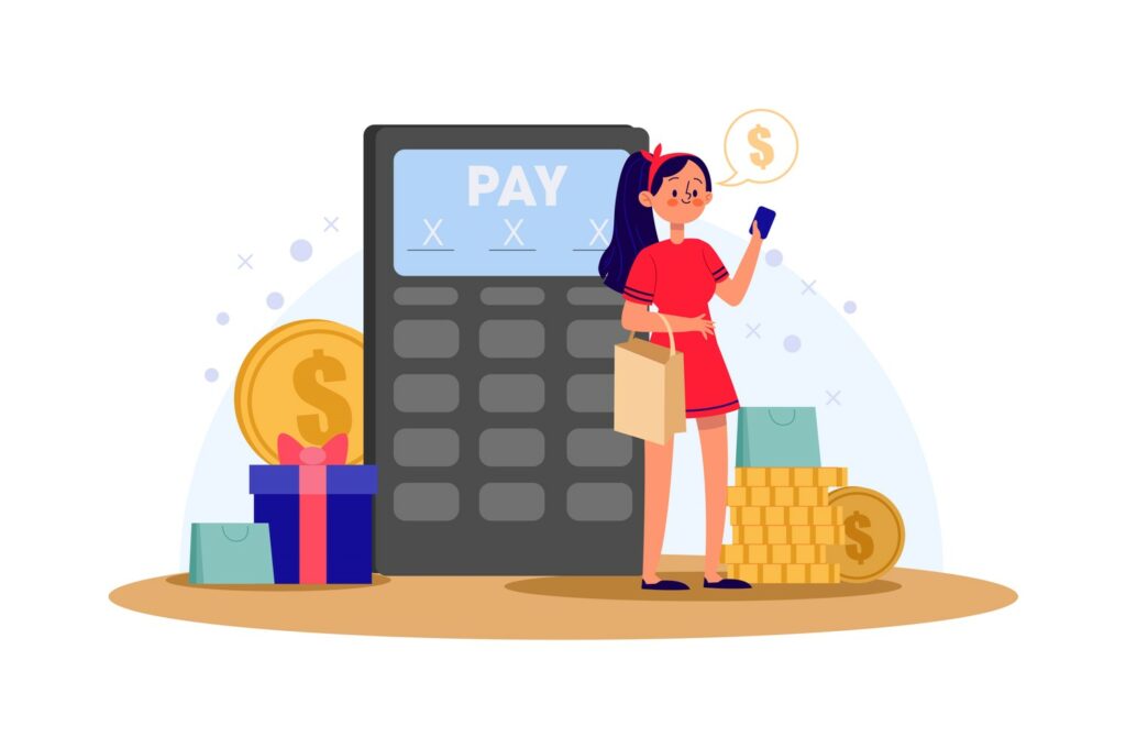 an illustration of woman deciding between stripe versus paypal to pay at the terminal she is standing in front of