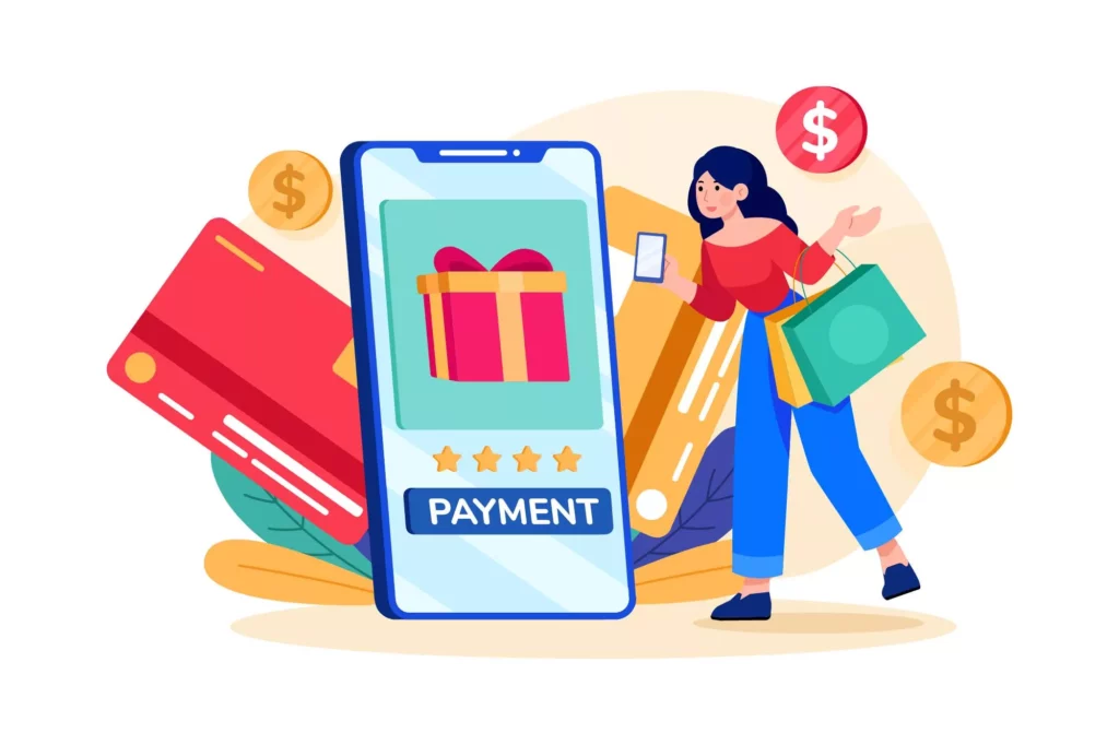 illlustration of woman paying on a smartphone while deciding between stripe vs paypal 