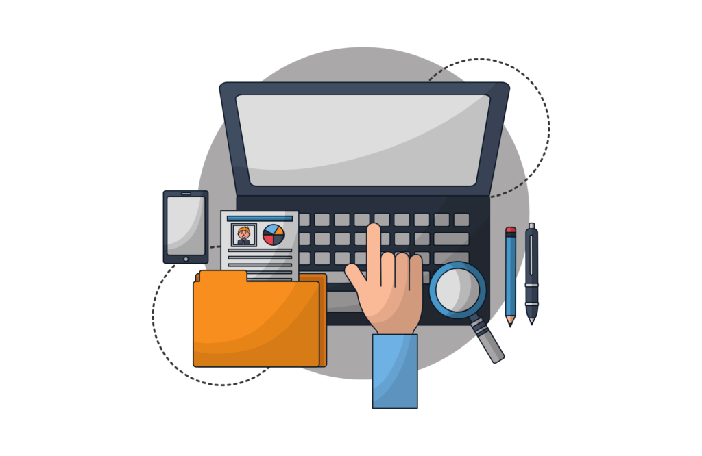 illustration of laptop and tools on a desk for calculating payroll