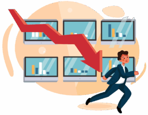 businessman running from recession vs depression falling revenue charts