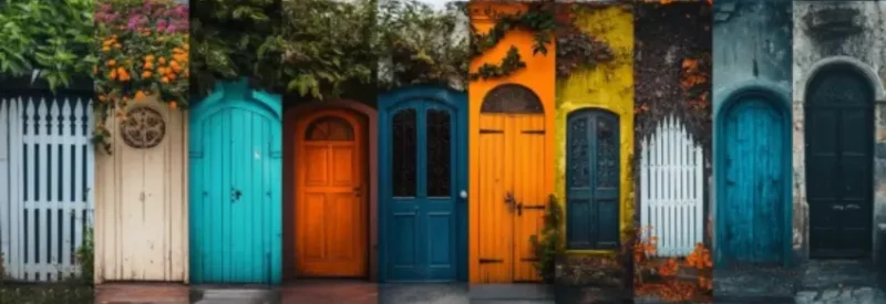 A collage of vibrant and diverse doorways
