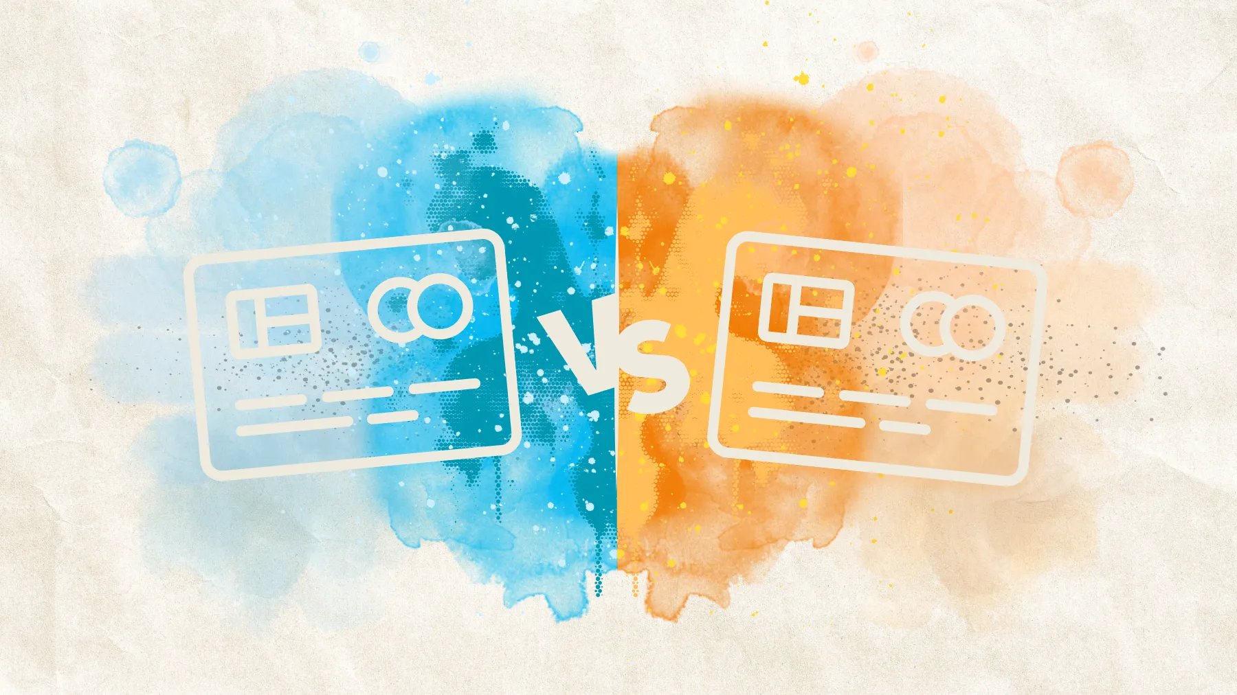 Illustration comparing two credit card options with a "vs" symbol in the center, featuring a split background of blue and orange watercolor effects