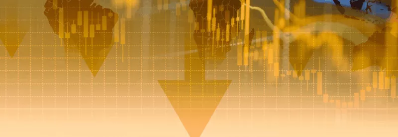 An arrow pointing down against a backdrop of a world map.