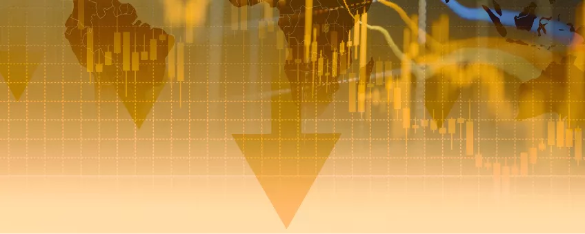 An arrow pointing down against a backdrop of a world map.
