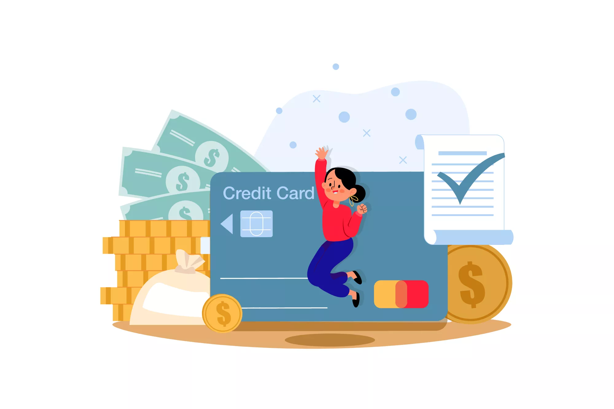 Graphic of a woman in front of a credit card and money, jumping out of excitement after checking her Experian credit score.