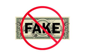 Graphic of a dollar bill with the word fake on it, representing counterfeit money