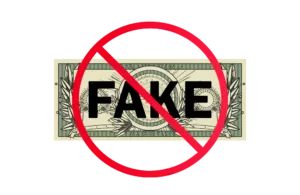 Graphic of a dollar bill with the word fake on it, representing counterfeit money