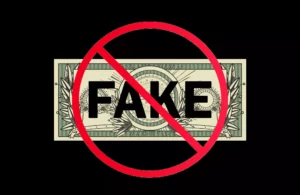 Graphic of a dollar bill with the word fake on it, representing counterfeit money